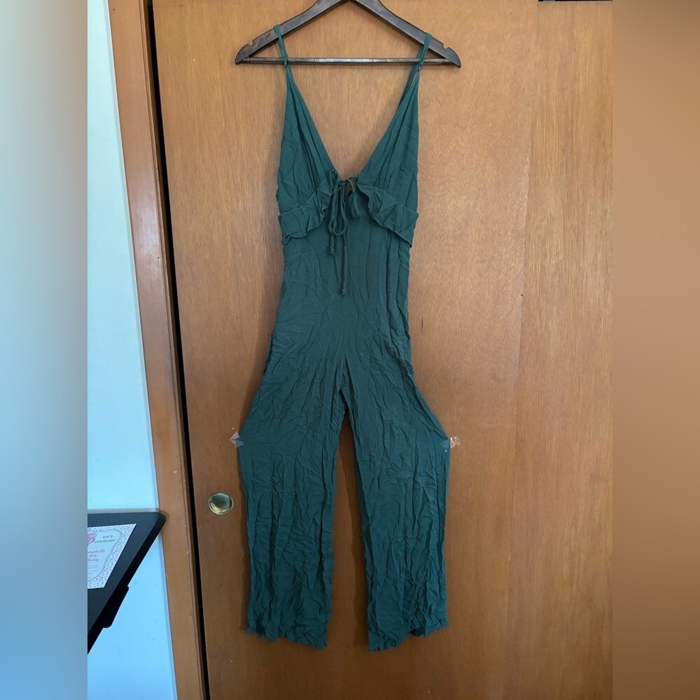 American Threads Forest Green Wide Leg Ruffle Tie Front Jumpsuiit